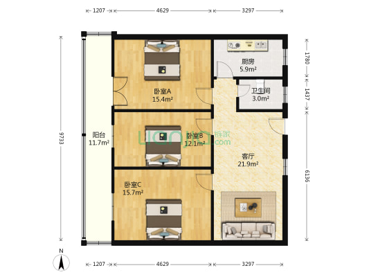 园林局小区 3室1厅1卫 99平方
