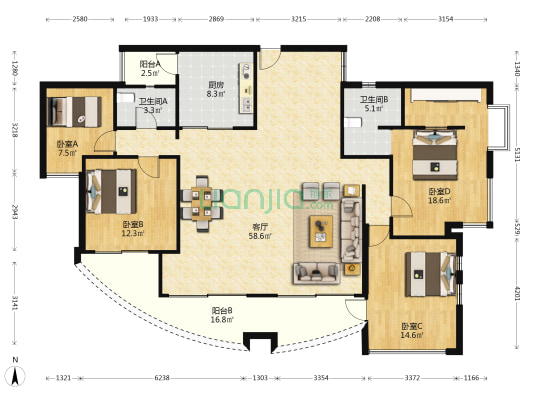 招商桃花园二期 4室1厅2卫 151平方