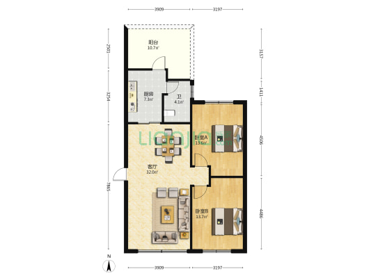 朝福路174号院 2室1厅1卫 86平方