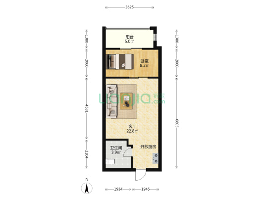 鼓东1号 1室1厅1卫 56平方