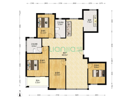 蓝诚信诚苑 4室1厅2卫 161平方