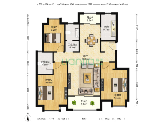 万科城四期 3室1厅2卫 122平方
