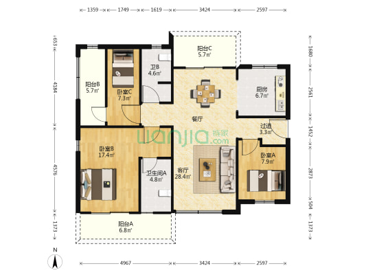 枫华金明府三期 3室1厅2卫 120平方
