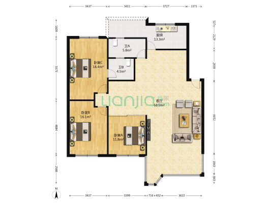 东林公寓 3室1厅2卫 155平方