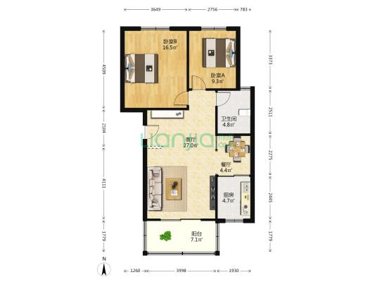 文博名苑 2室2厅1卫 92平方