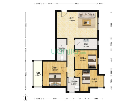 万景橘苑二期 3室1厅2卫 105平方