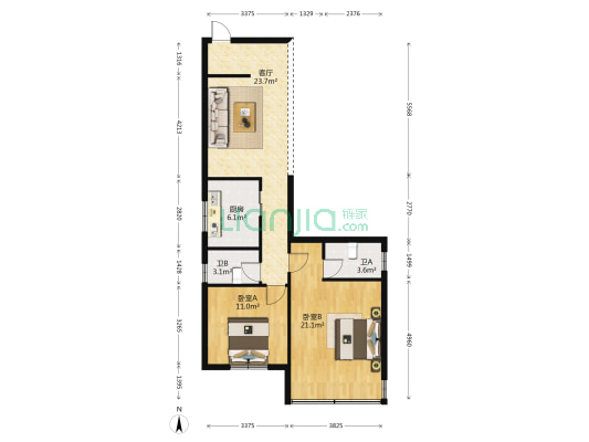 凤凰公寓 2室1厅2卫 66平方