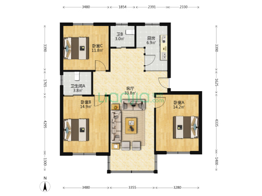 御兴园 3室1厅2卫 113平方