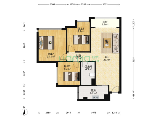 领地海纳豪庭 3室1厅1卫 90平方