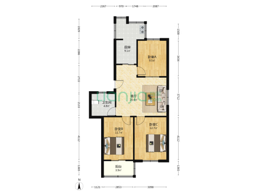 市猪鬃厂职工住宅 3室1厅1卫 83平方