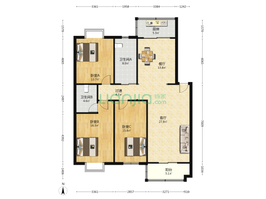 新安江花园 3室2厅2卫 132平方