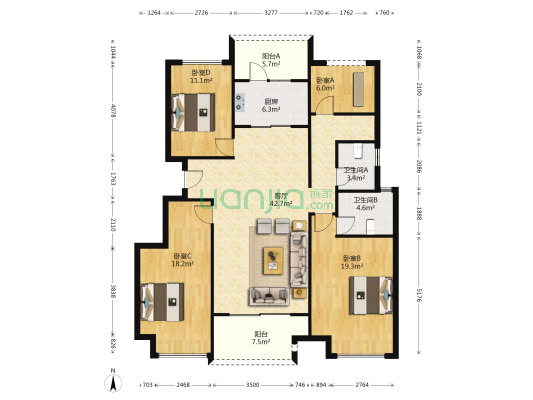 龙湖九里晴川二期 4室1厅2卫 138平方