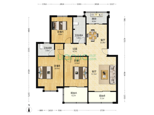 军分区宿舍 3室2厅2卫 116平方