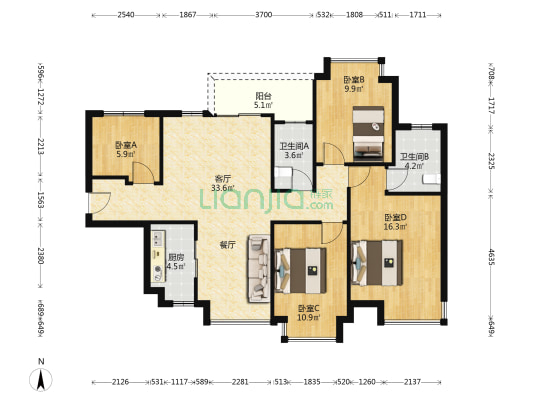 锦龙湾畔二期 4室1厅2卫 121平方