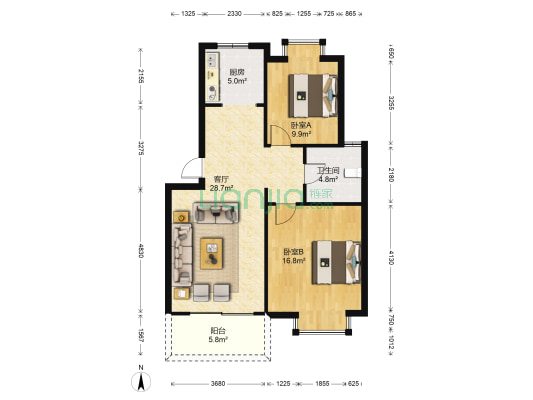 孚园小区 2室1厅1卫 84平方