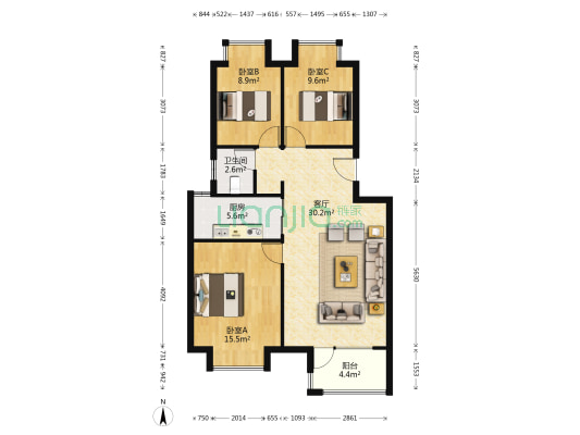 江南水郡 3室1厅1卫 88平方