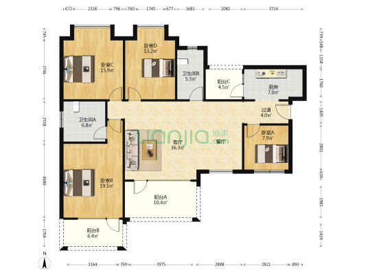 南湖国际中心 4室1厅2卫 162平方
