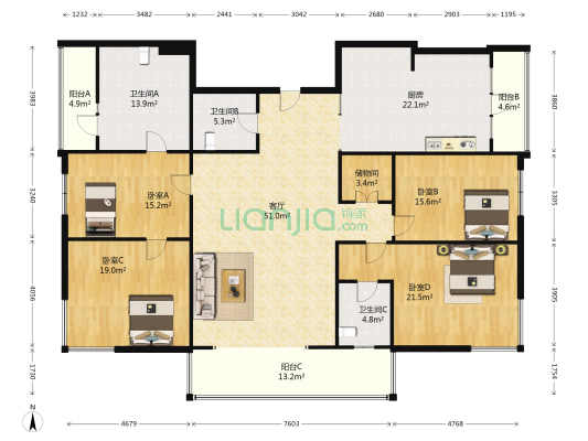 星河国际  湘江路 4室1厅3卫 264平方