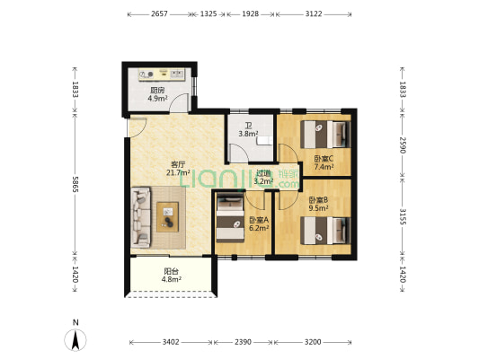 顺德碧桂园教师宿舍 3室1厅1卫 73平方