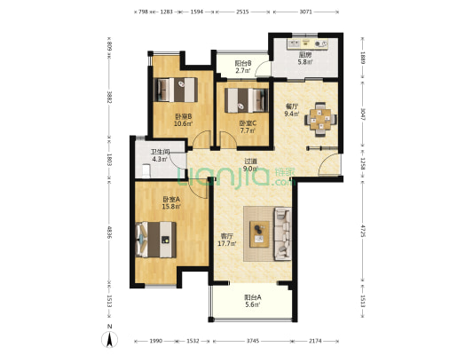 厚德苑A区 3室2厅1卫 124平方