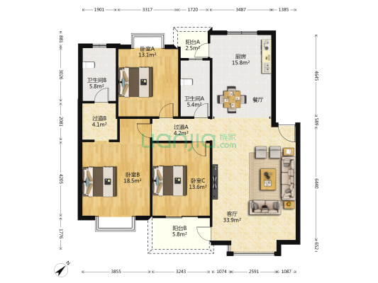 中天山水园 3室1厅2卫 130平方