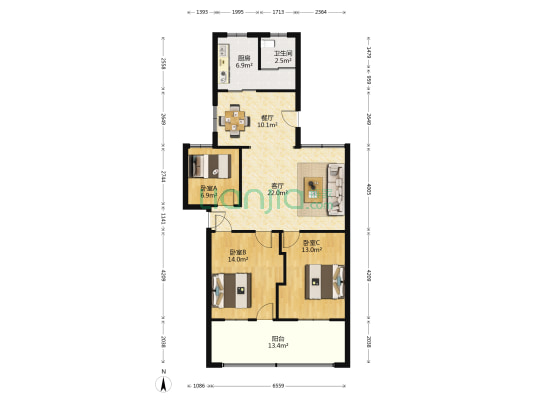 长沙望城矿产品有限公司宿舍 3室2厅1卫 99平方