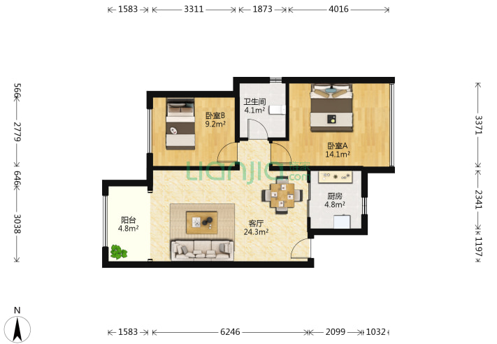 2室1厅1卫82.86㎡-北京k2玉兰湾户型图