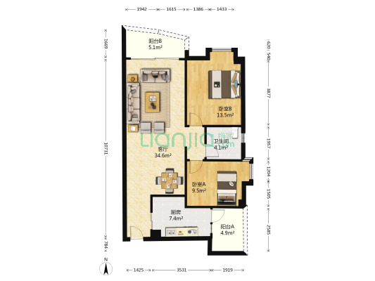 骏威锦东花园B区 2室1厅1卫 92平方