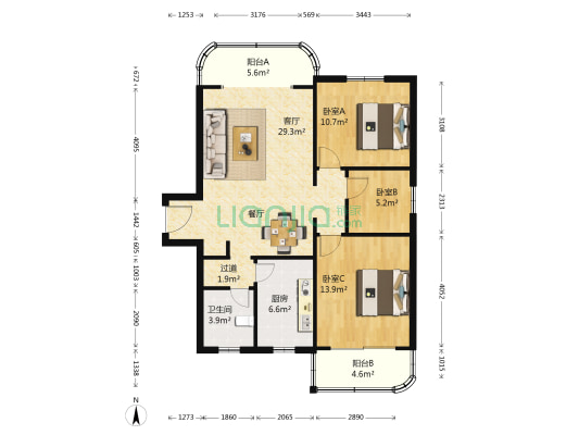 嘉德公寓 3室1厅1卫 108平方
