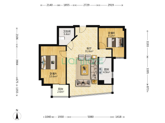 时代华庭 2室1厅1卫 93平方