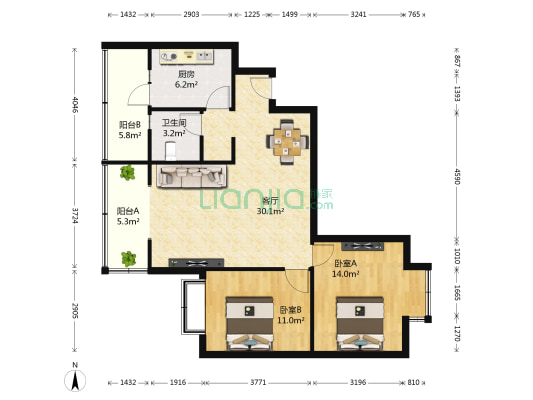 华天阳光 2室1厅1卫 85平方