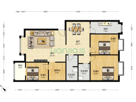 悠然雅舍 3室2厅2卫 128平方