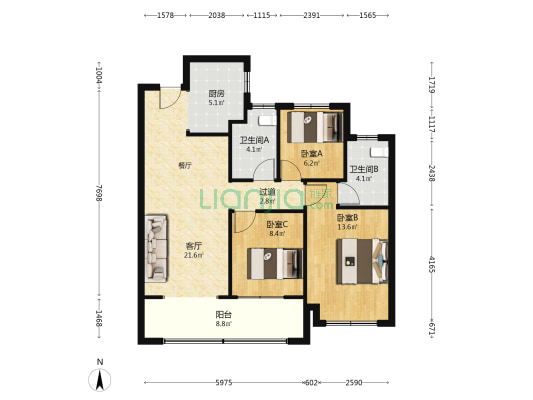 格林世界 3室1厅2卫 104平方