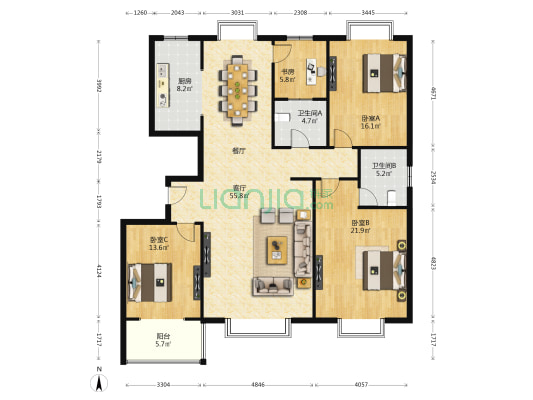 唐延国际中心 4室1厅2卫 172平方