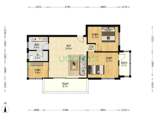 广州市轻工高级技工学校宿舍 3室1厅1卫 80平方