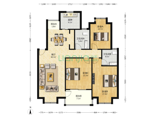 北唐新苑 3室1厅2卫 128平方
