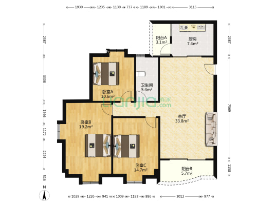 供电局宿舍 3室1厅1卫 118平方