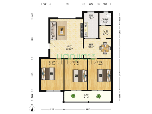 芳苑小区西区 3室2厅1卫 113平方
