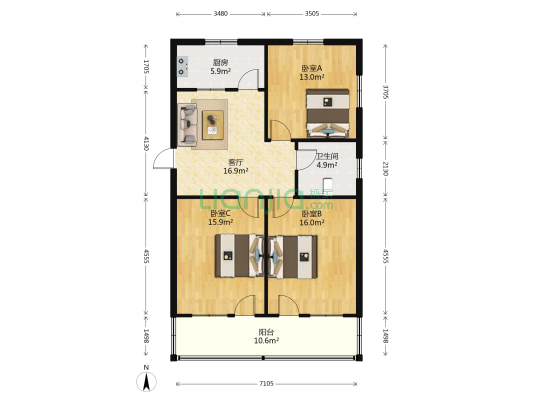 北门三村 3室1厅1卫 90平方