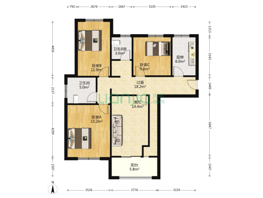 西湖花苑东区 3室1厅2卫 112平方