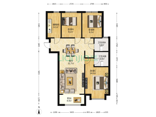 保利西湖68号 3室1厅2卫 119平方