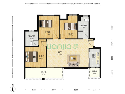 康和府 3室1厅2卫 109平方