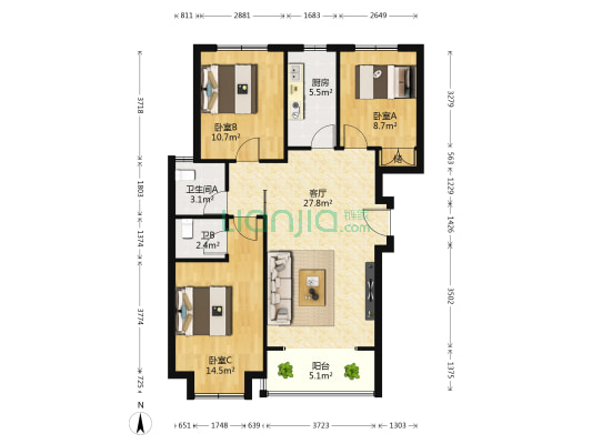 盛世华庭小区 3室1厅2卫 111平方