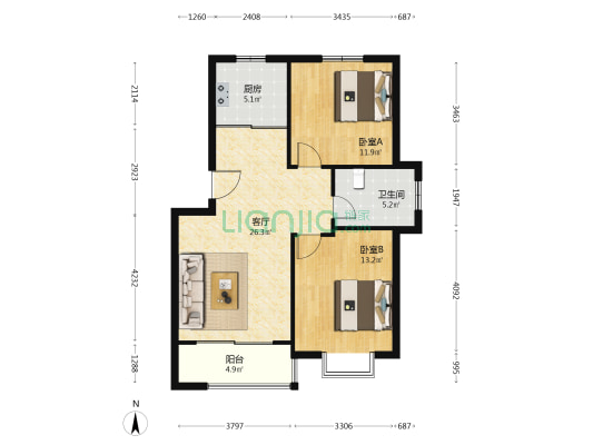 水岸名都文斓园 2室1厅1卫 80平方