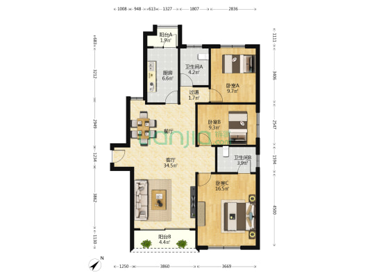 碧涛居二期 3室1厅2卫 113平方