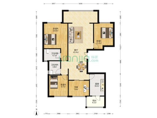 龙湖听蓝湾一期 4室1厅2卫 126平方