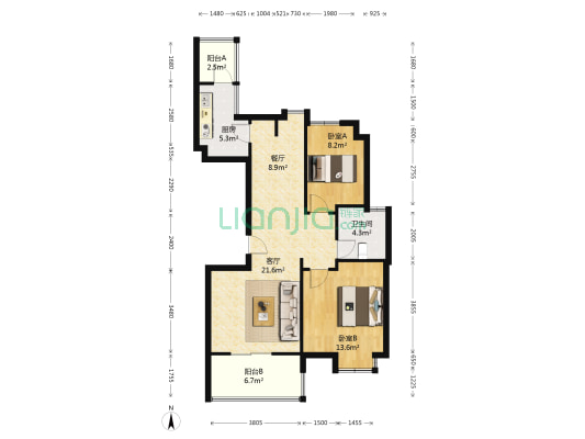 星辰首府 2室2厅1卫 90平方