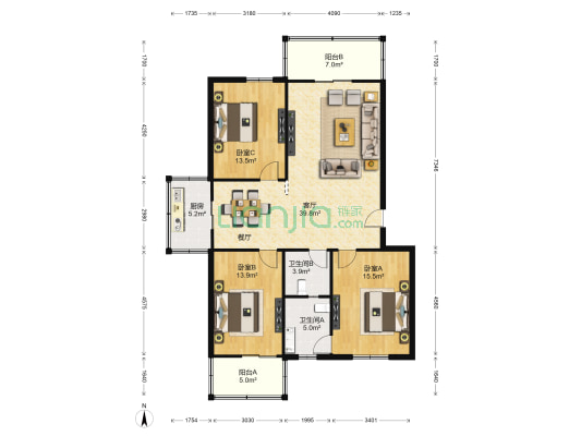 骊景新天地 3室1厅2卫 141平方