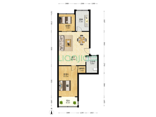 东海西路 2室1厅1卫 87平方