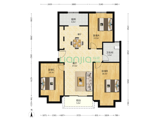 富长苑 3室1厅1卫 119平方